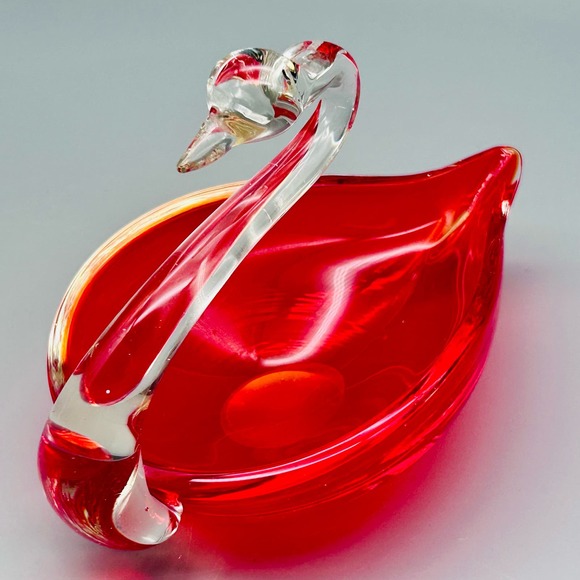 MCM Amberina Hand Blown Art Glass Swan Trinket Dish - Picture 3 of 8